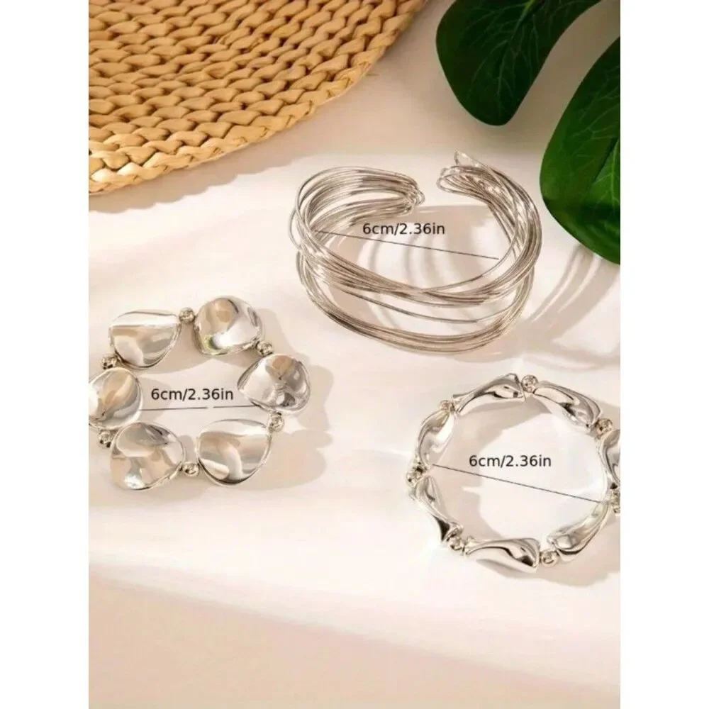 3-Piece Modern Silver Stackable Bracelet Set – Organic & Minimalist